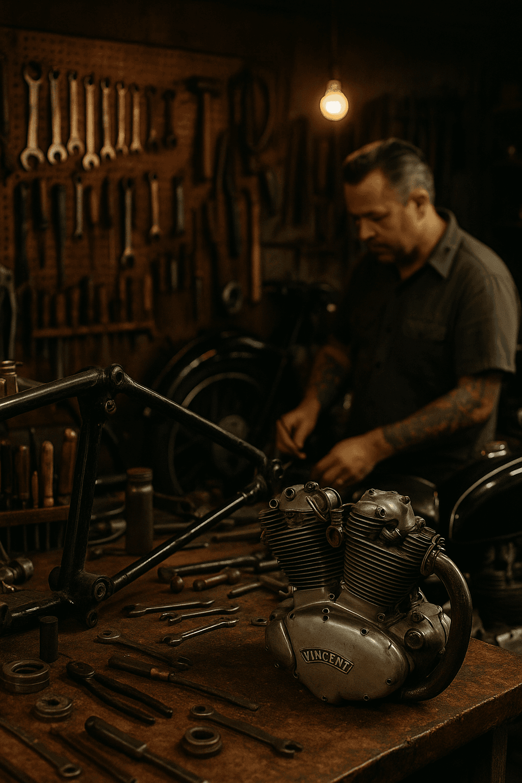 Vintage motorcycle workshop with craftsman working on Vincent engine
